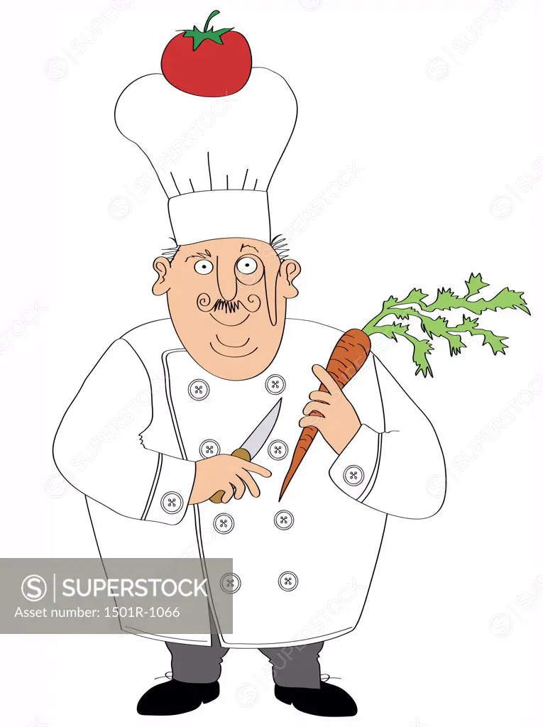 Chef holding carrot and kitchen knife wit tomatoe on chef's hat, illustration