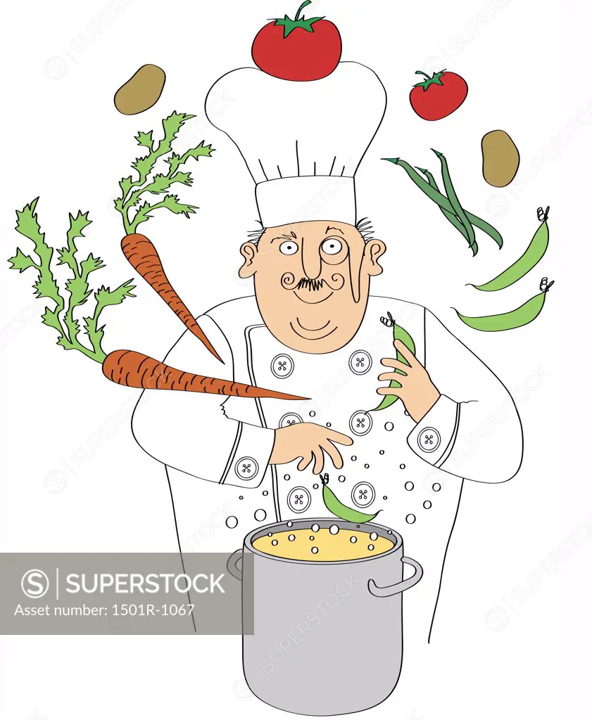 Chef juggling vegetables, pot with food in the foreground