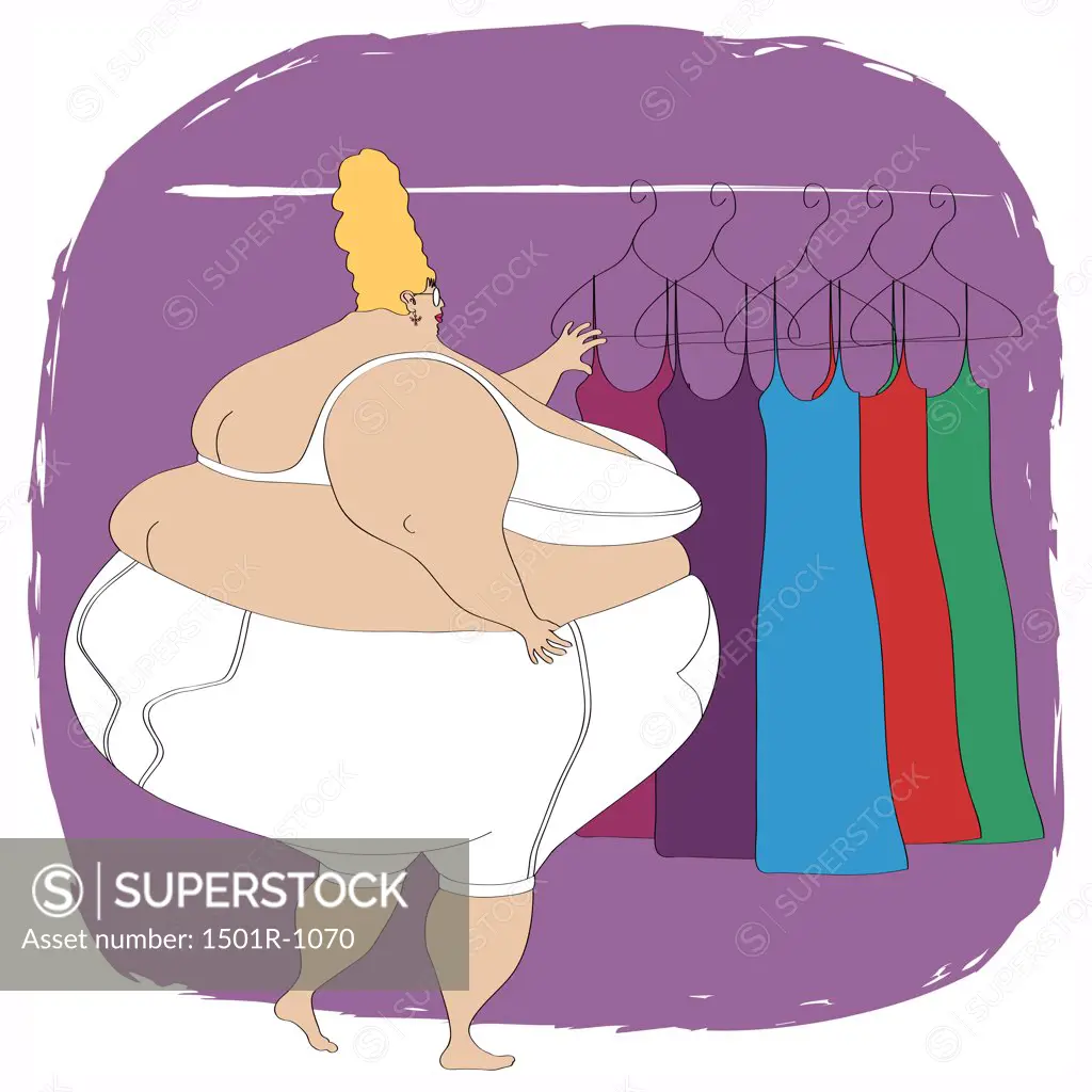 Overweight woman in underwear choosing dress