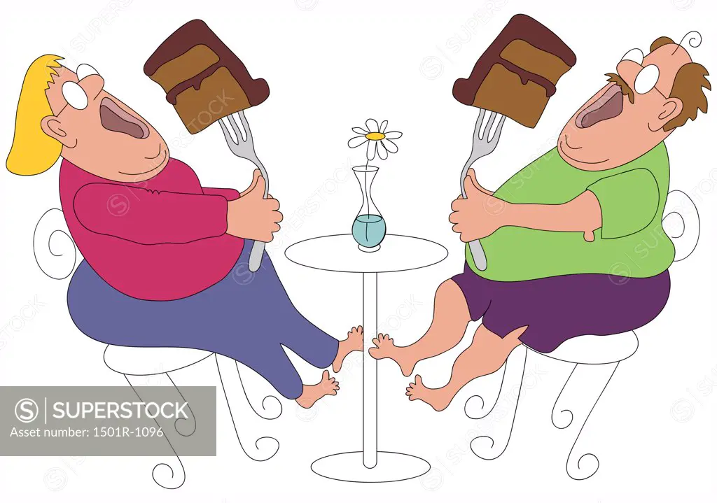 Temptation - couple eating big piece of cake, illustration