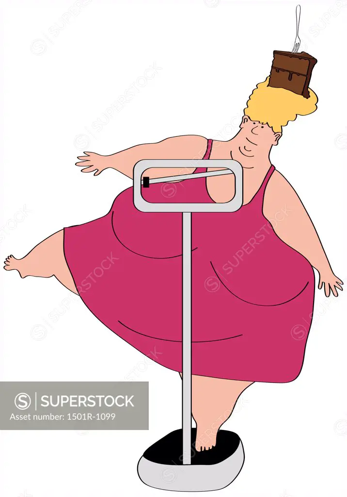 Overweight woman standing on weight scale on one leg, illustration