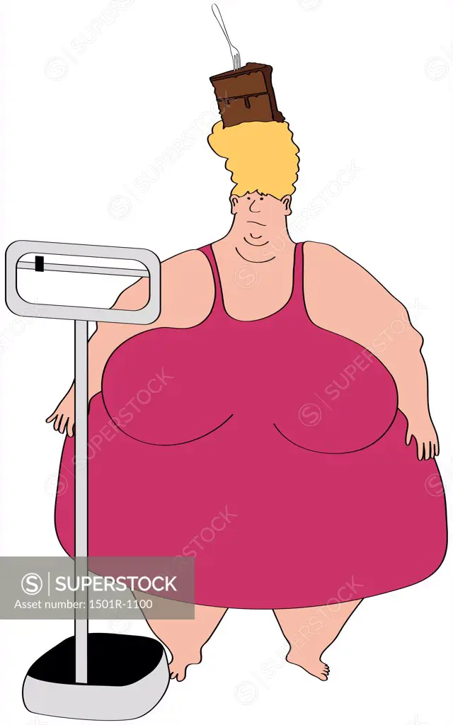 Overweight woman standing near weight scale with piece of cake on head, illustration