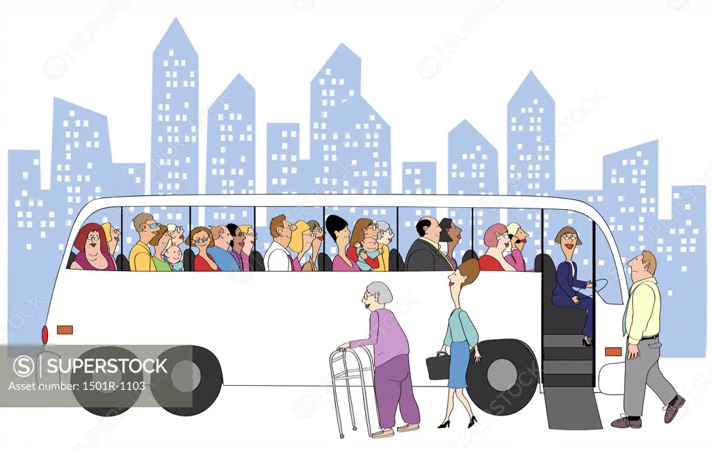 People getting in bus, illustration