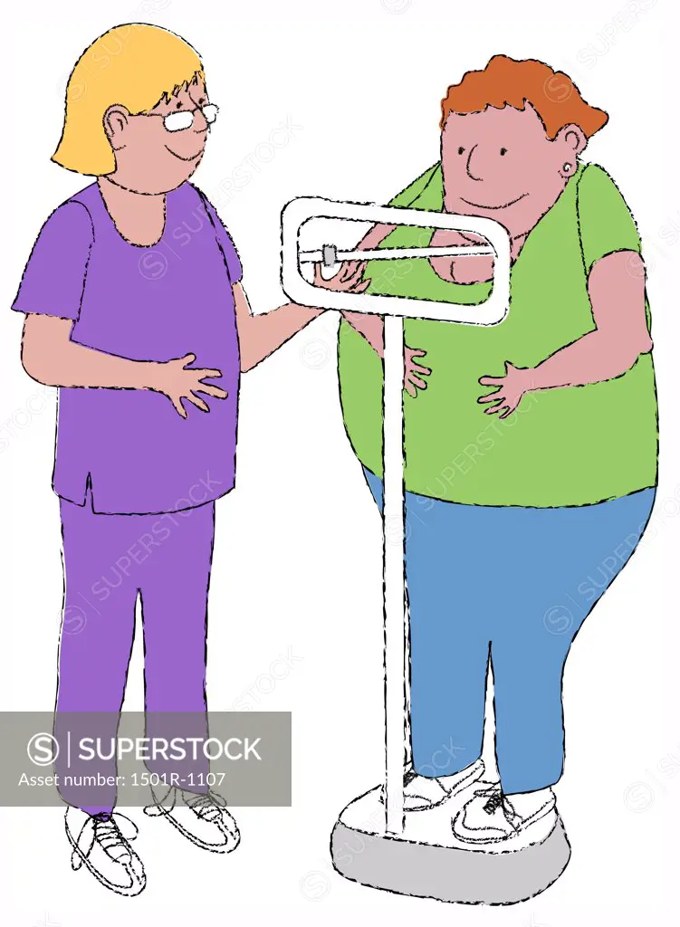 Female nurse checking woman's weight, illustration