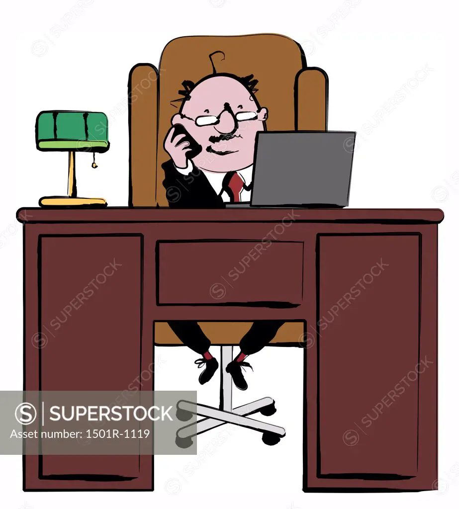 Business man sitting at desk and working at laptop and talking on mobile phone, illustration