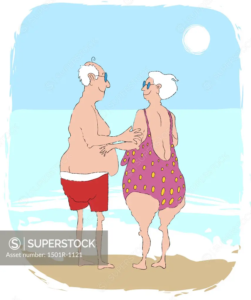 Senior couple standing at beach in swimsuit, illustration