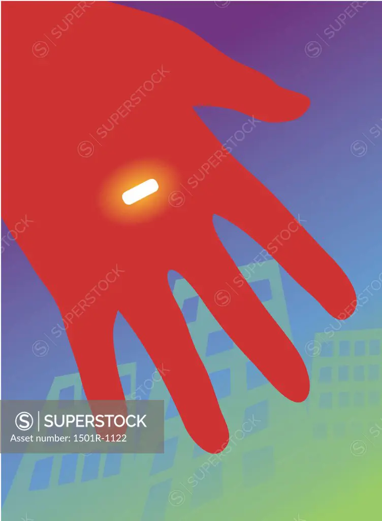 Red hand holding glowing pill, illustration