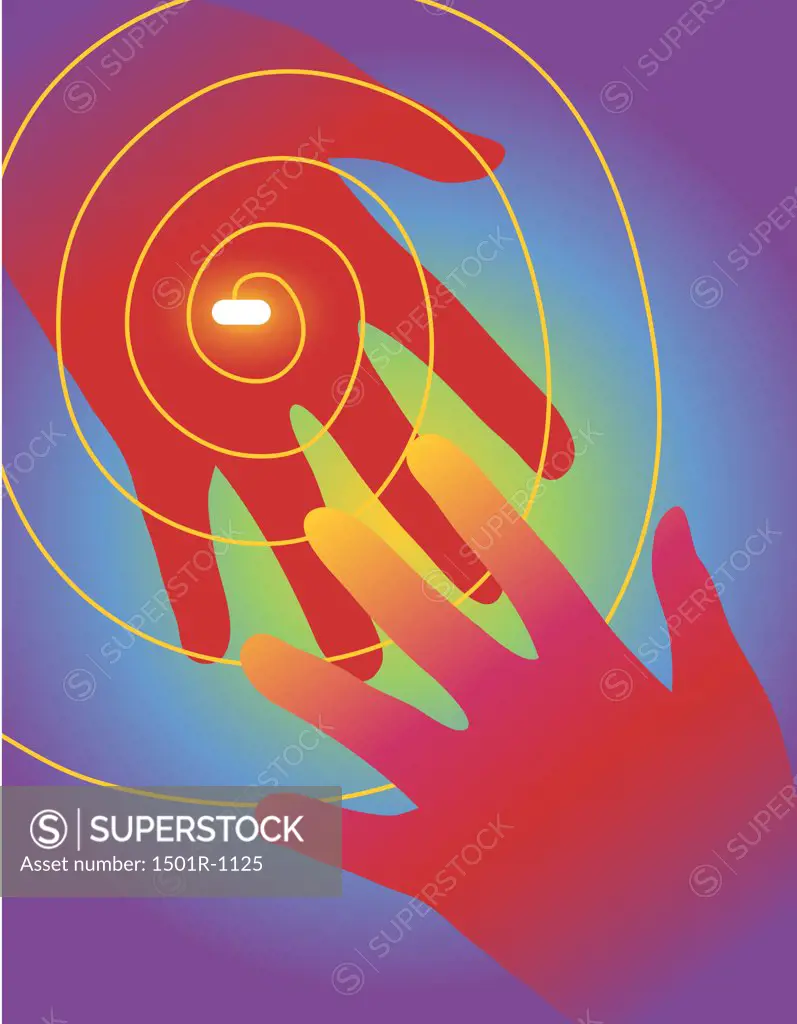 Two red hands reaching for glowing pill, illustration