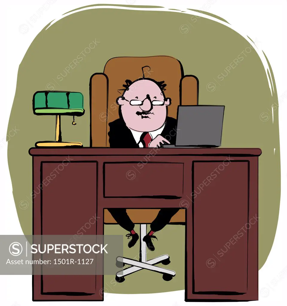 Business man sitting at desk and using laptop, illustration