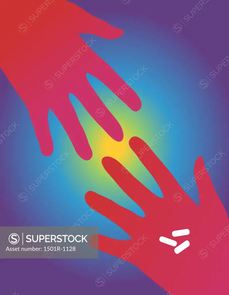 Red hand reaching for pill, illustration