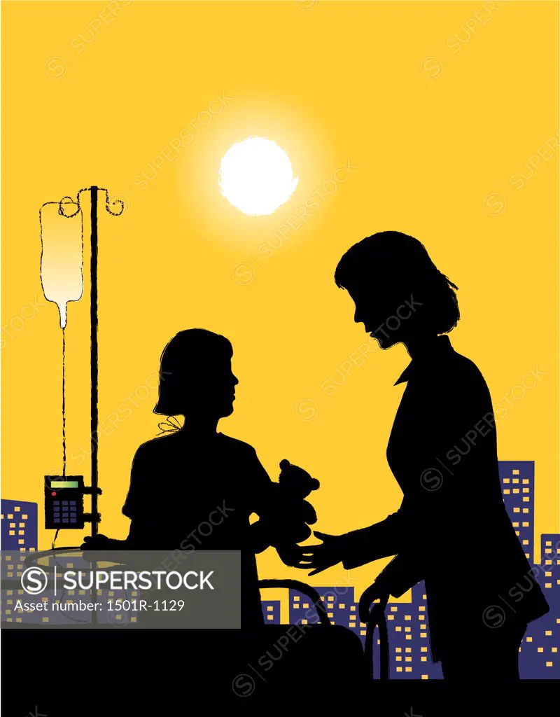 Silhouette of girl and woman in hospital window, illustration