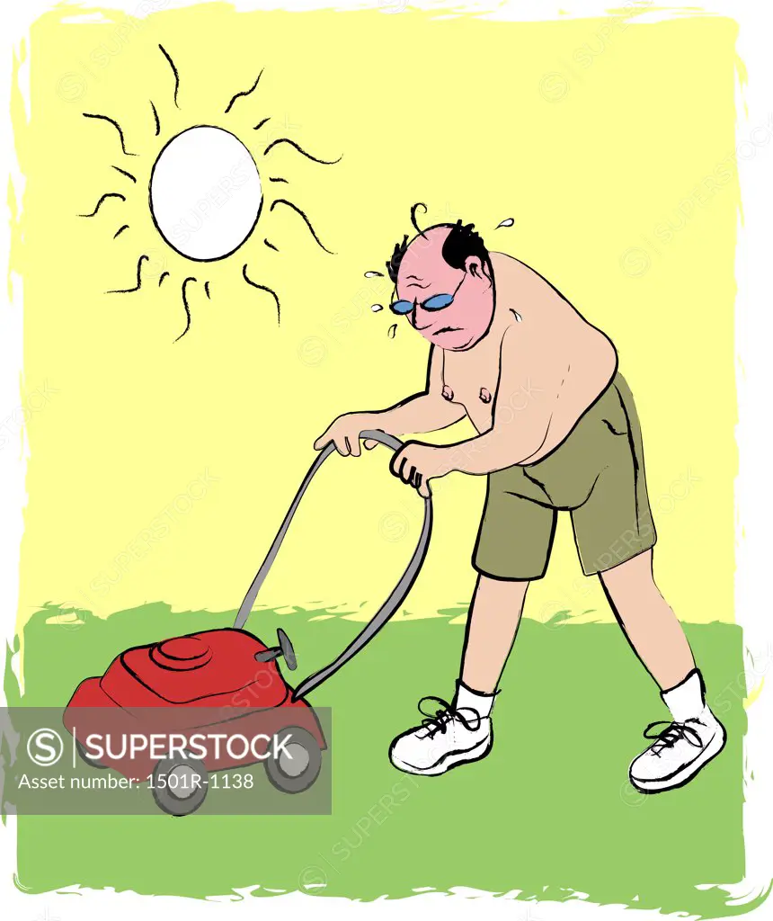Man mowing lawn, illustration