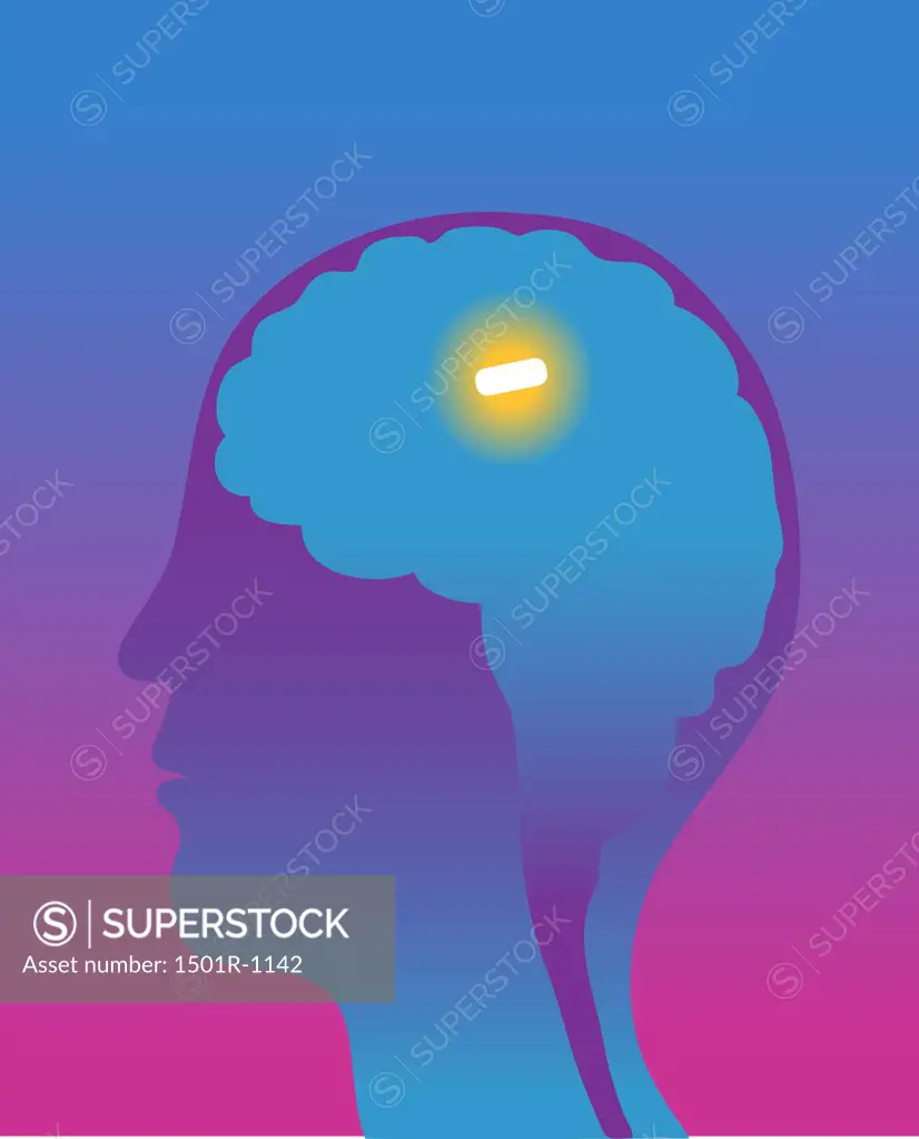 Man's brain with mental pill inside, cross section, illustration