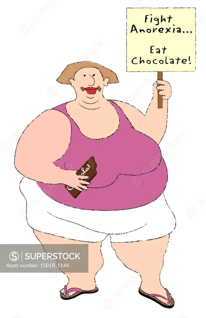 Big woman eating chocolate and holding sign