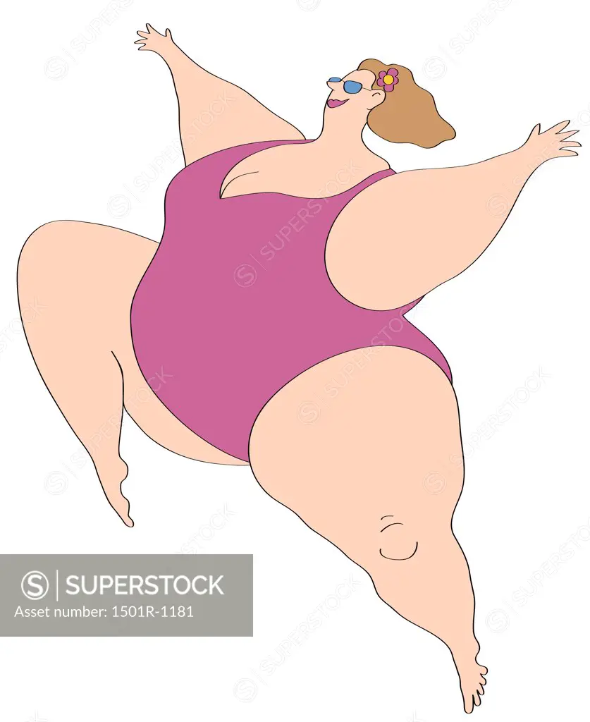 Happy overweight woman in swimsuit jumping