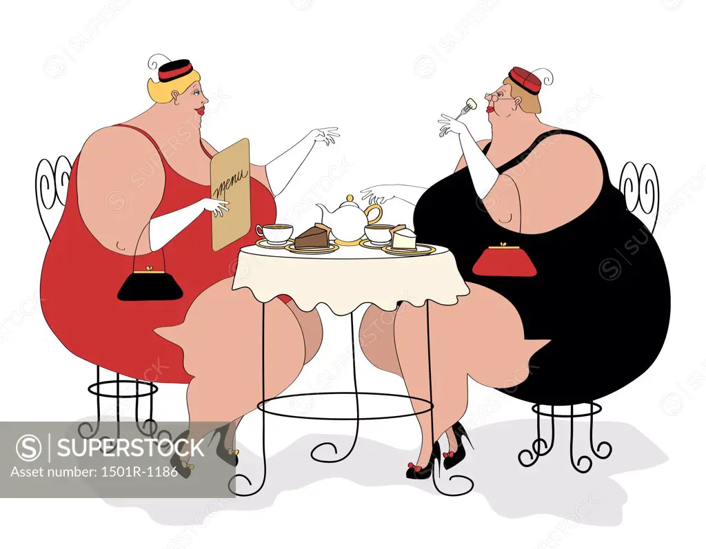 Two overweight women having tea and cake