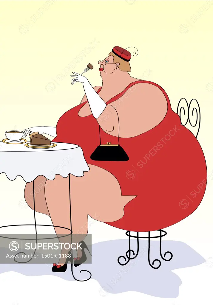 Overweight women having tea and cake