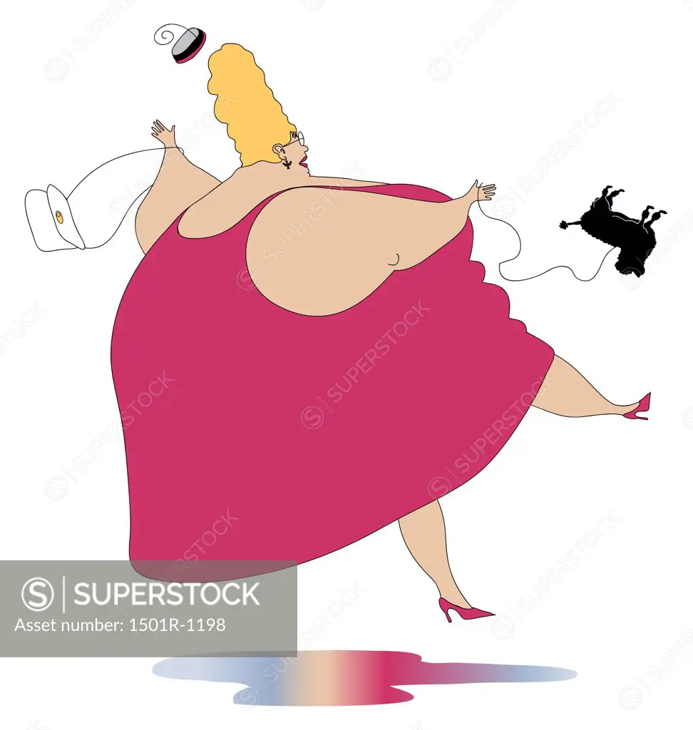 Overweight woman slipping on puddle