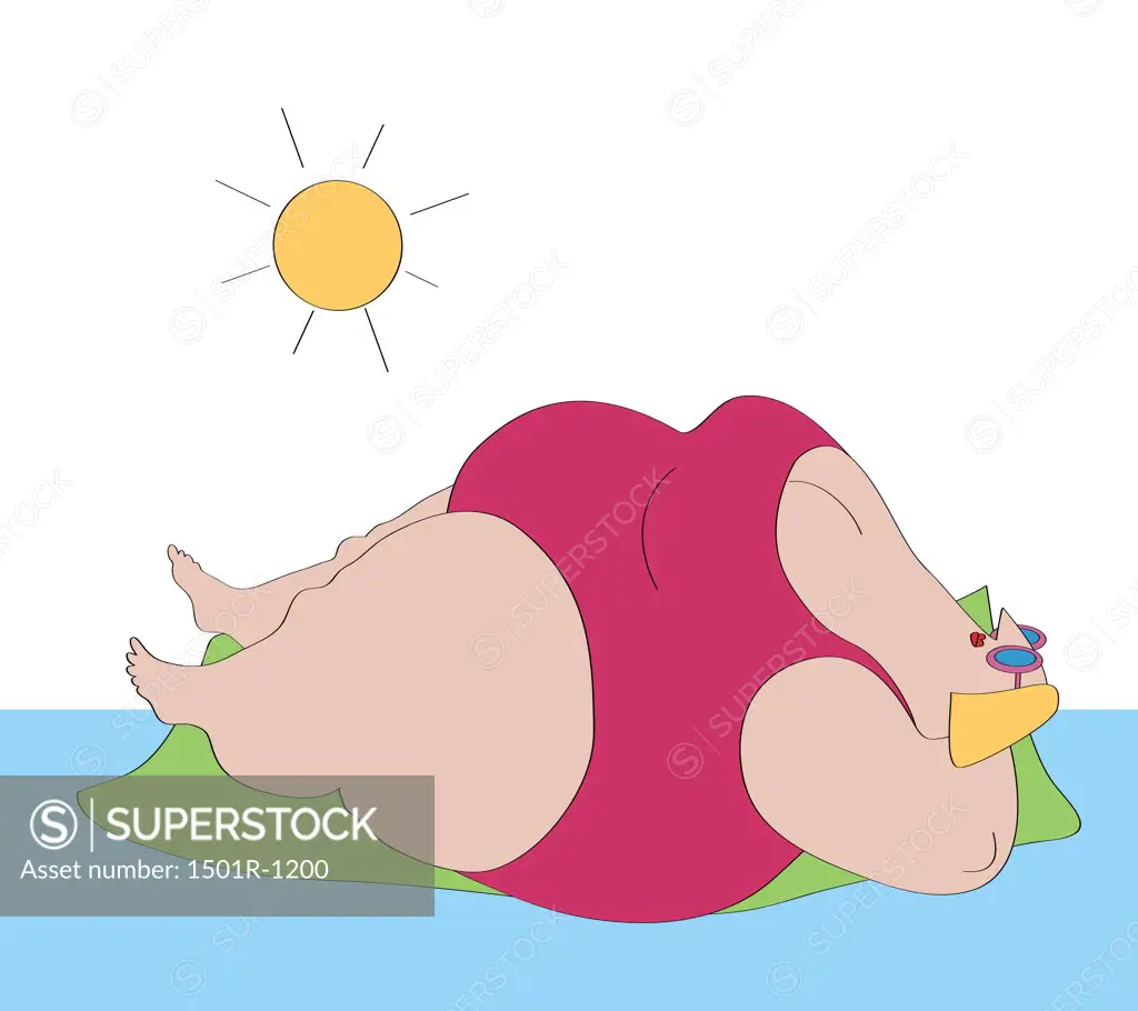 Overweight woman in swimsuit sunbathing on small island