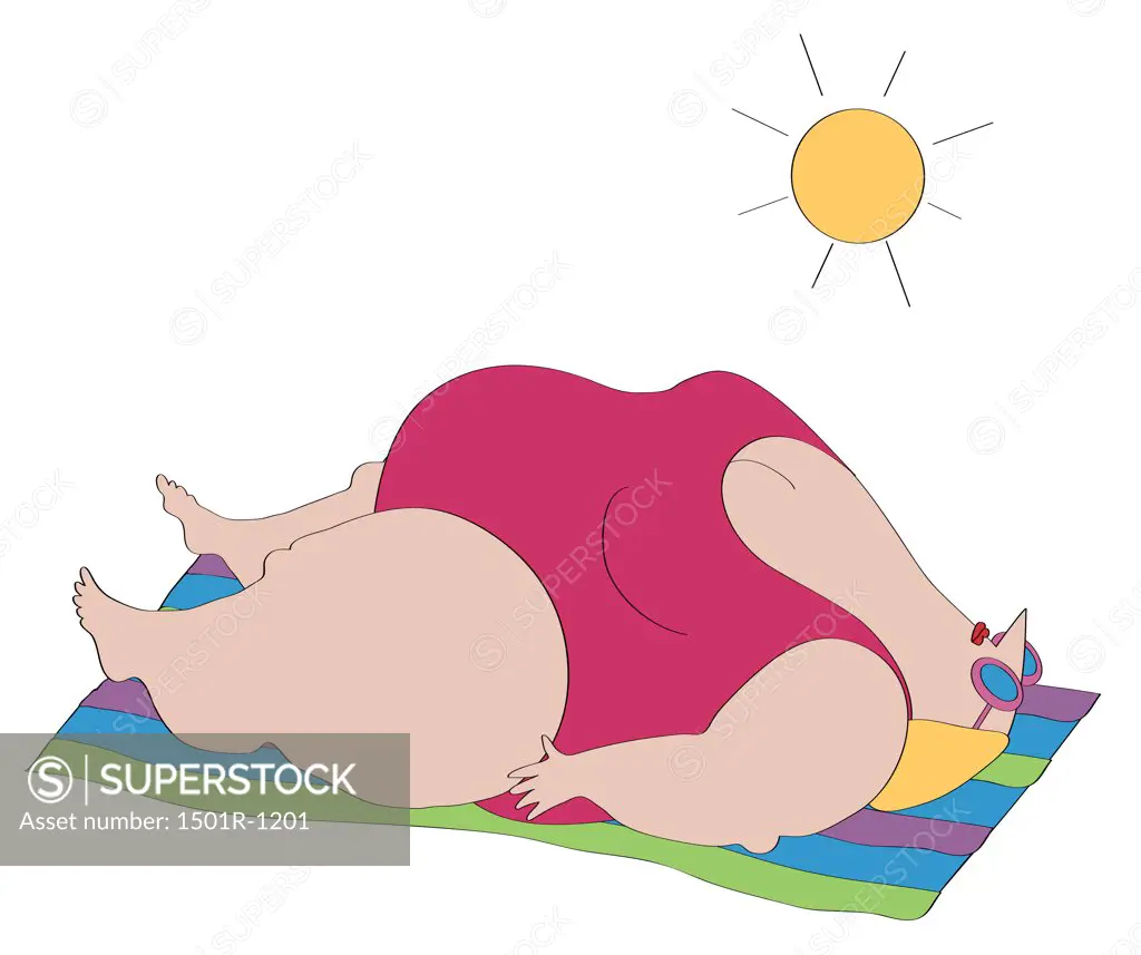 Overweight woman in swimsuit sunbathing
