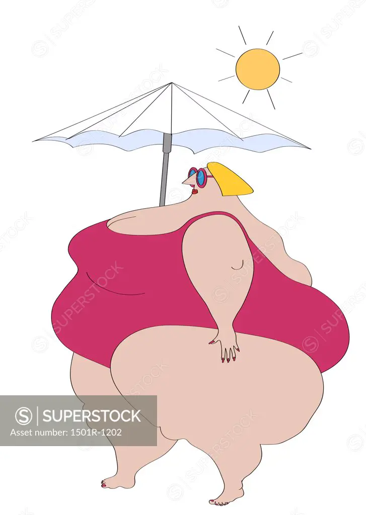 Overweight woman in swimsuit carrying sun umbrella