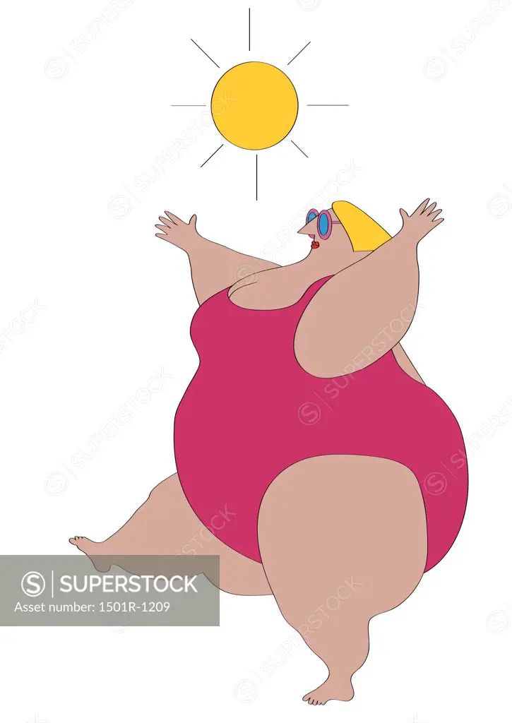 Overweight woman wearing swimsuit exercising, illustration