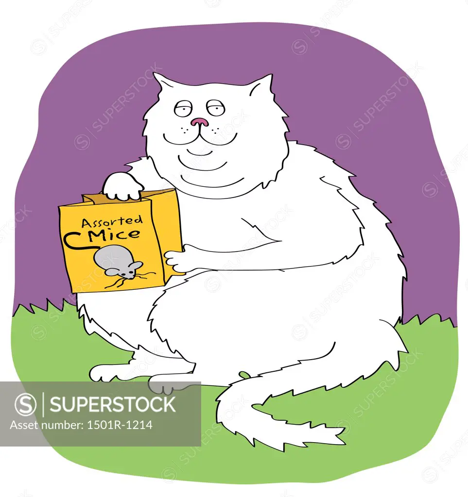 Cat holding bag with mice, illustration