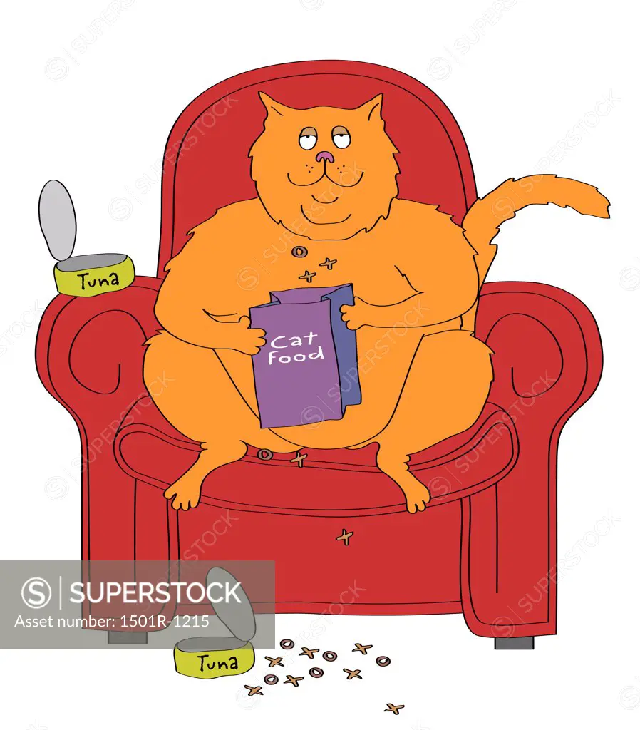 Cat sitting on armchair, holding cat food bag, illustration