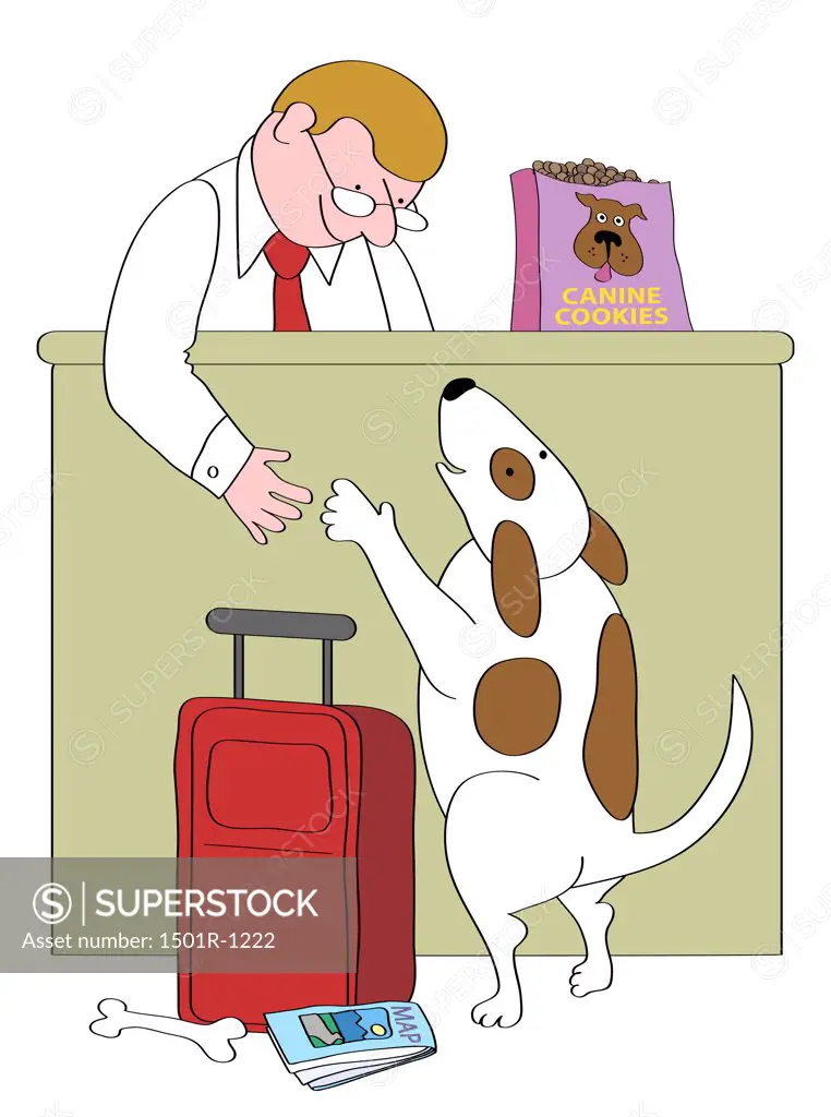 Dog at motel reception desk, illustration