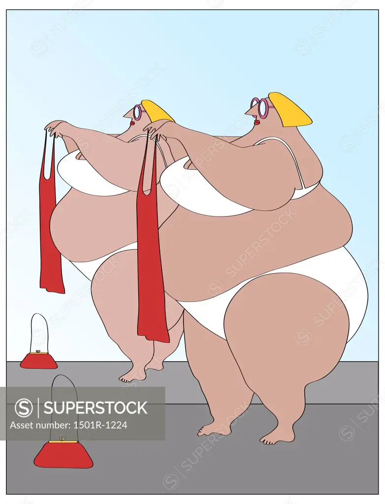 Overweight woman in underwear holding small red dress in dressing room, illustration