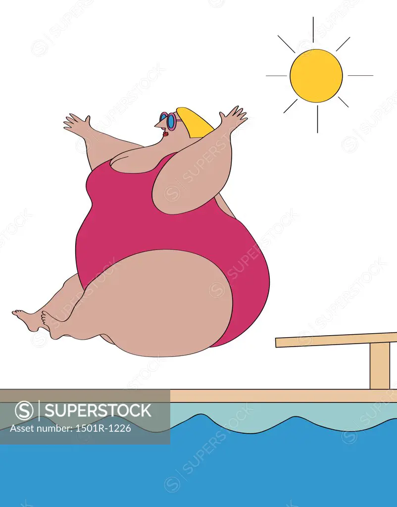 Overweight woman jumping into swimming pool, illustration