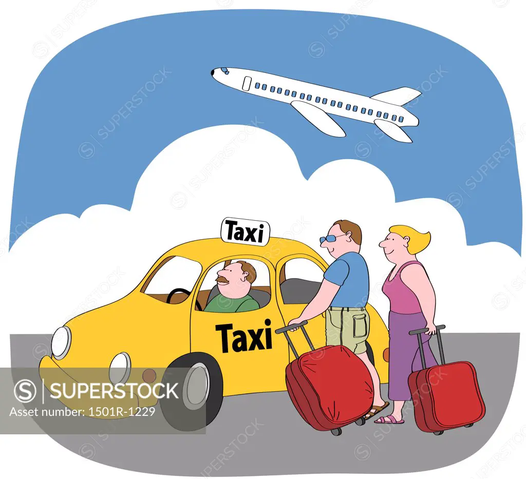 Couple with suitcases standing next to yellow cab, airplane flying against sky, illustration