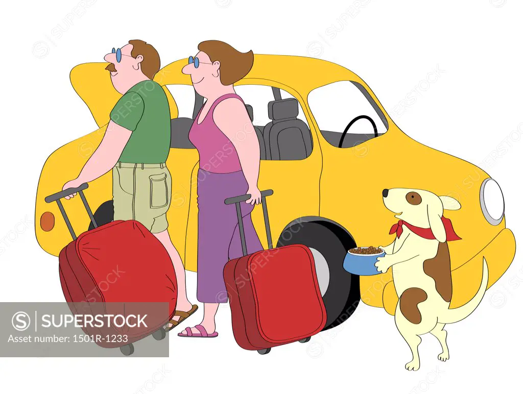 Couple and dog with suitcases standing next to yellow car, illustration