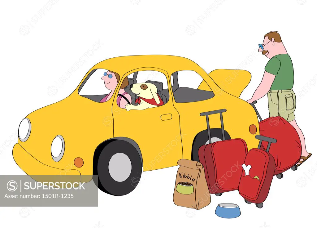 Dog sitting on driver's seat in yellow car, man loading suitcases into trunk, illustration