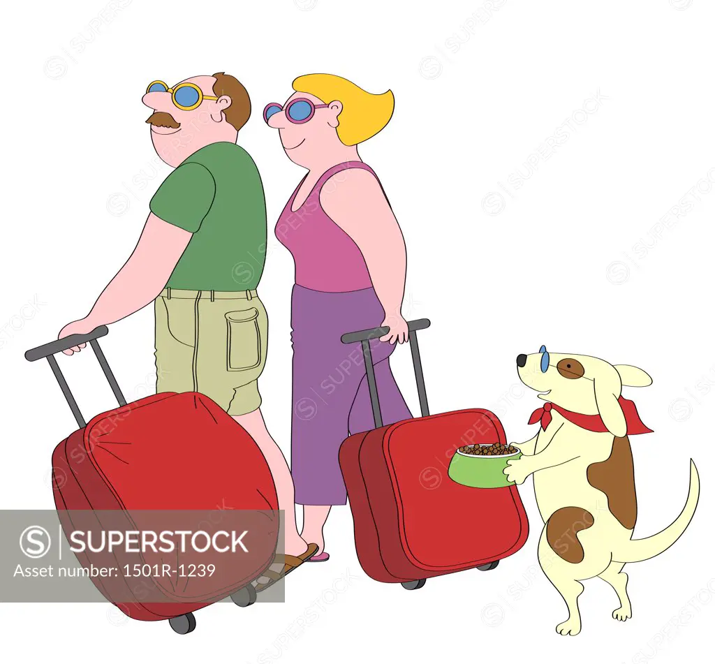 Couple and dog walking with suitcases, illustration