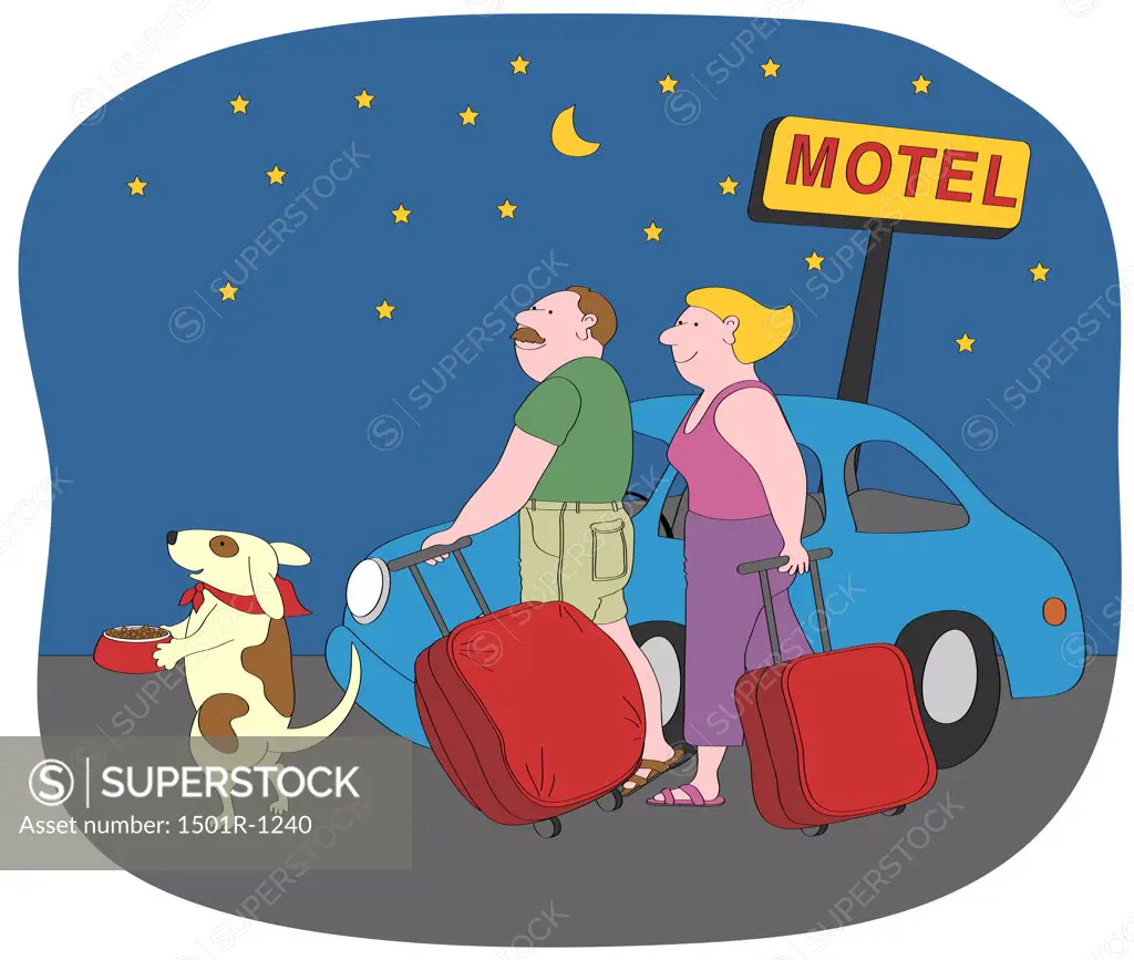 Couple and dog with suitcases at motel sign at night, illustration