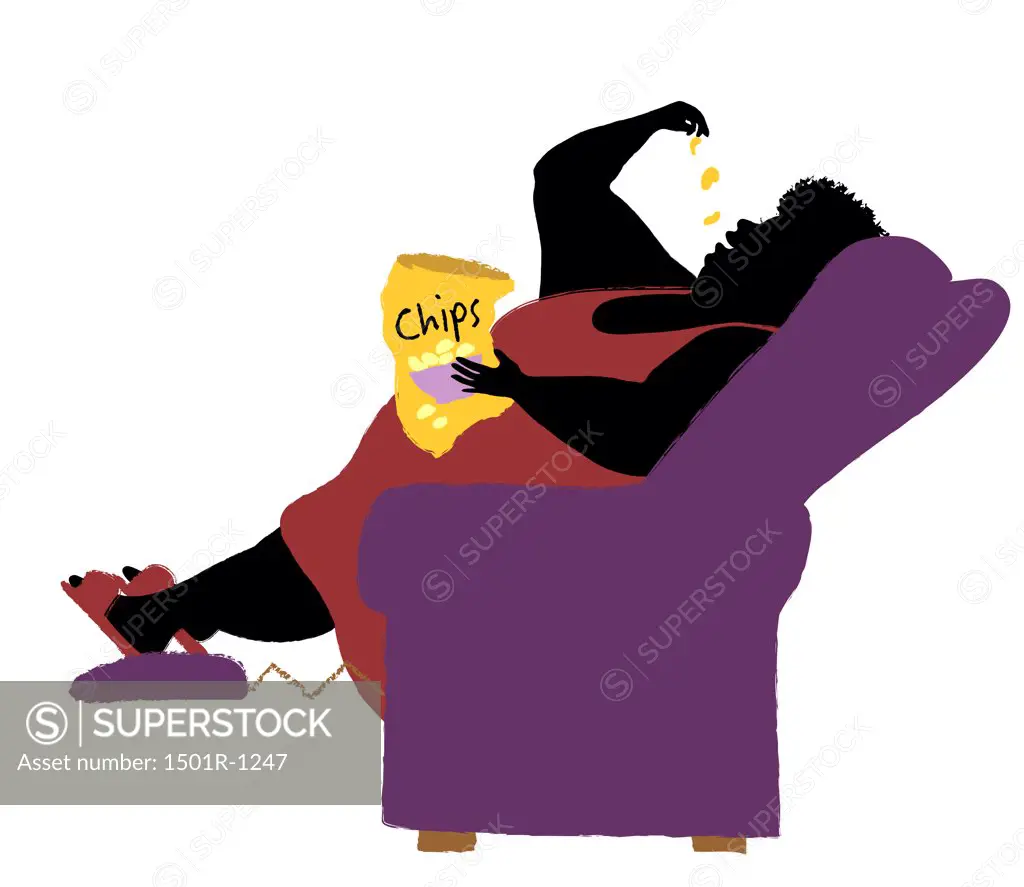 Overweight woman sitting in armchair eating chips, illustration