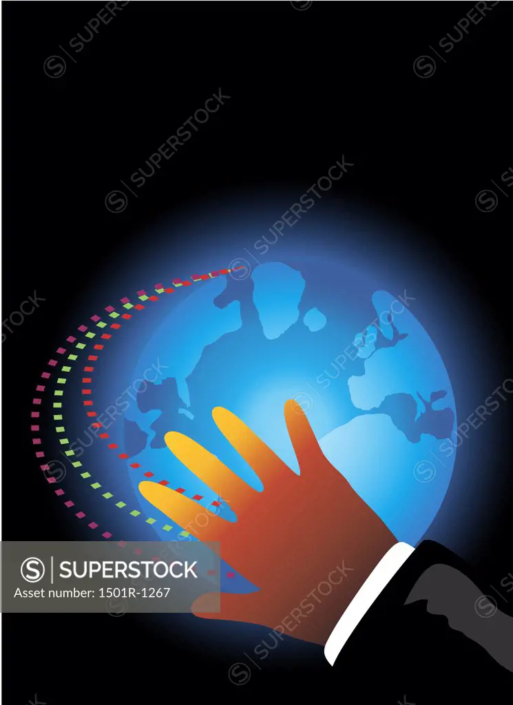 Hand reaching for glowing globe, illustration