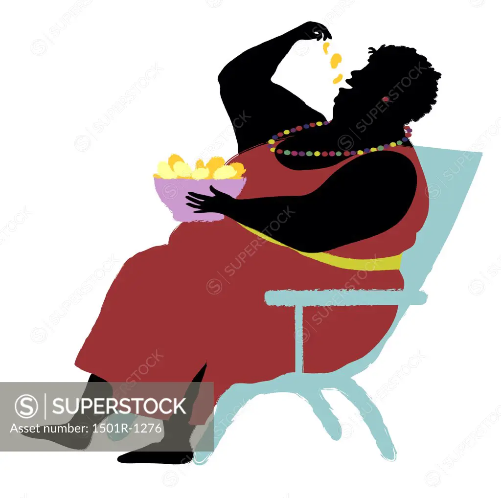 Overweight woman sitting in armchair eating chips, illustration