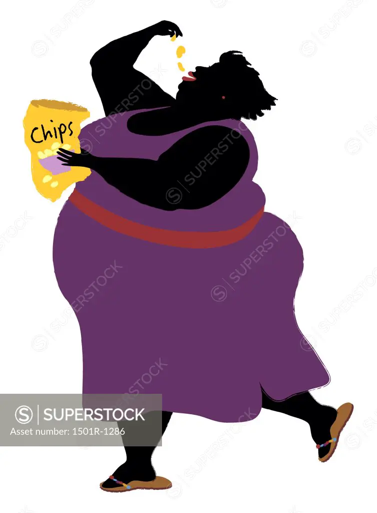 Overweight woman eating chips, illustration