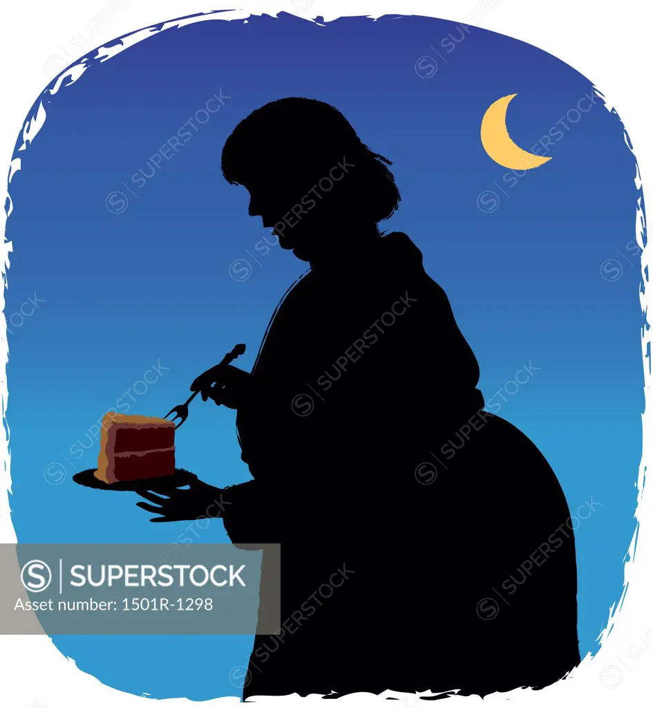Silhouette of woman eating cake at night, illustration
