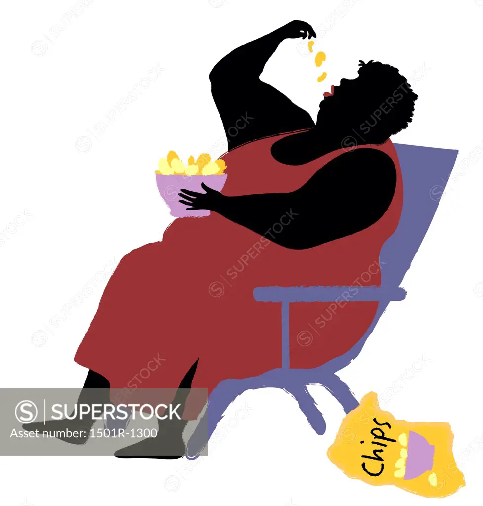 Overweight woman eating chips, illustration