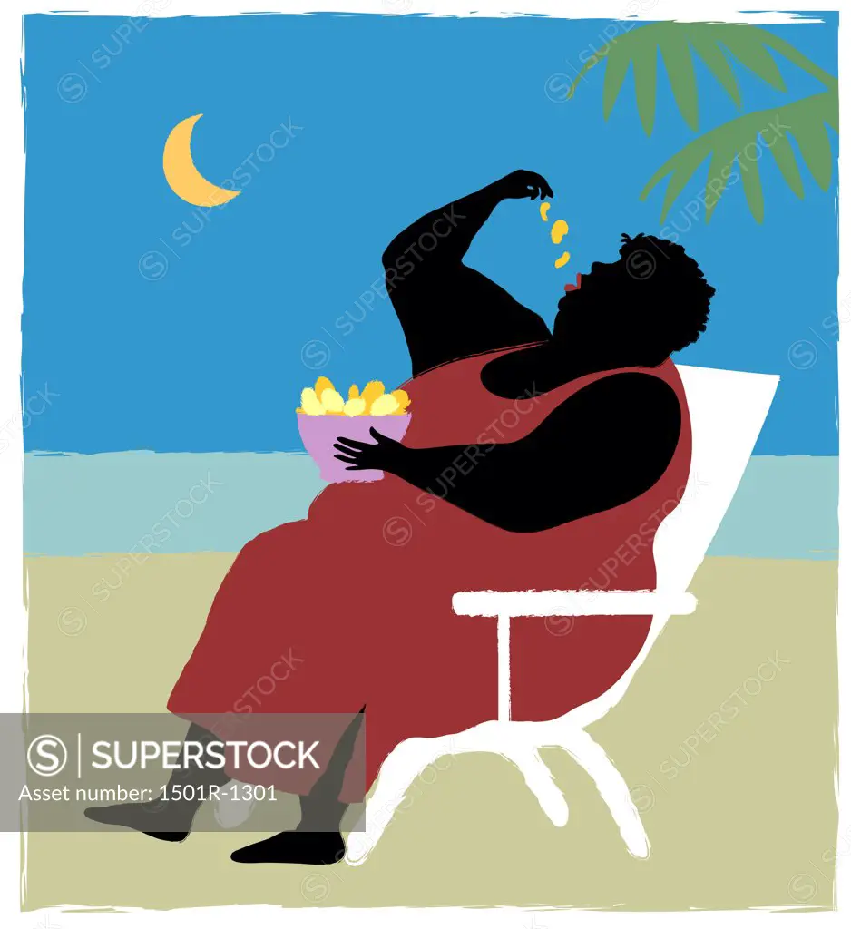 Woman eating chips on beach, illustration