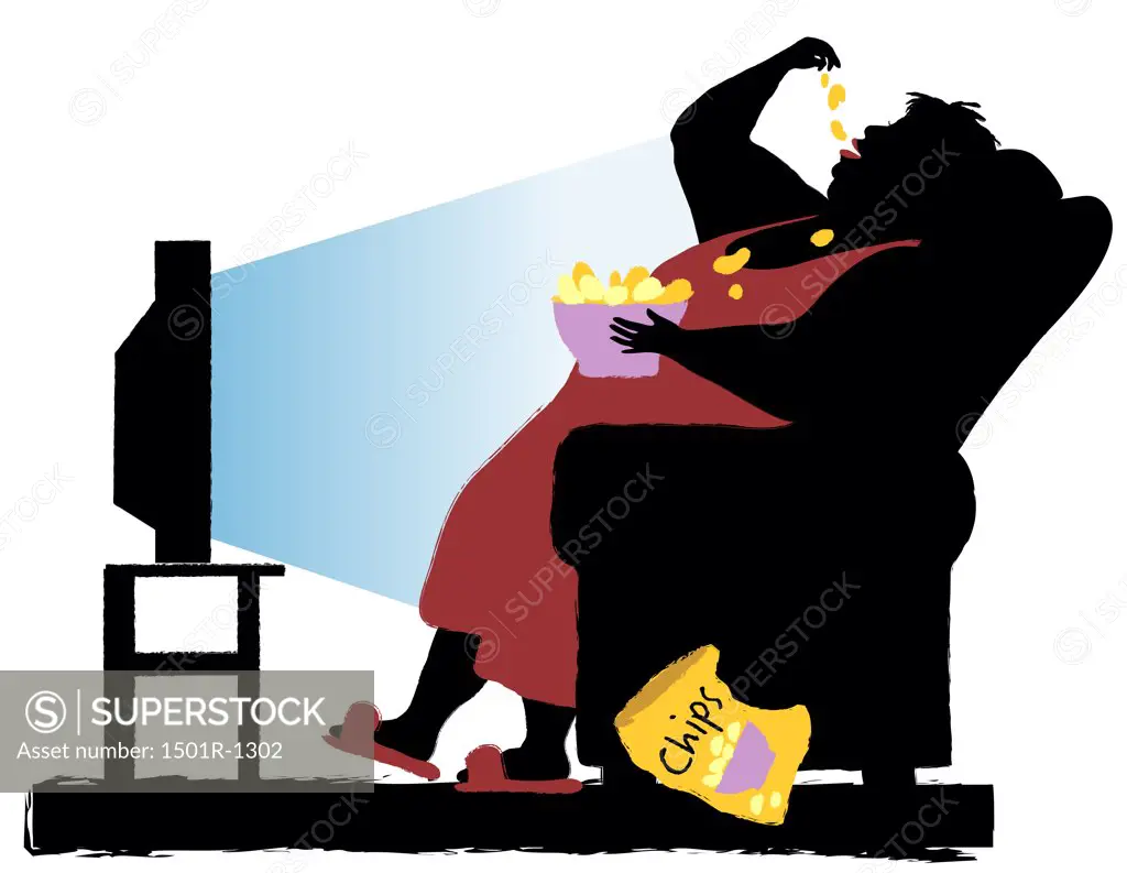 Overweight woman watching TV and eating chips, illustration