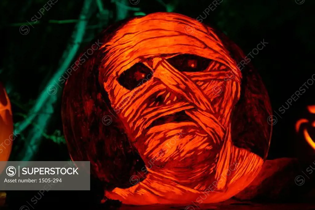 Close-up of a jack o' lantern with Mummy face on it, Roger Williams Park Zoo, Providence, Rhode Island, USA