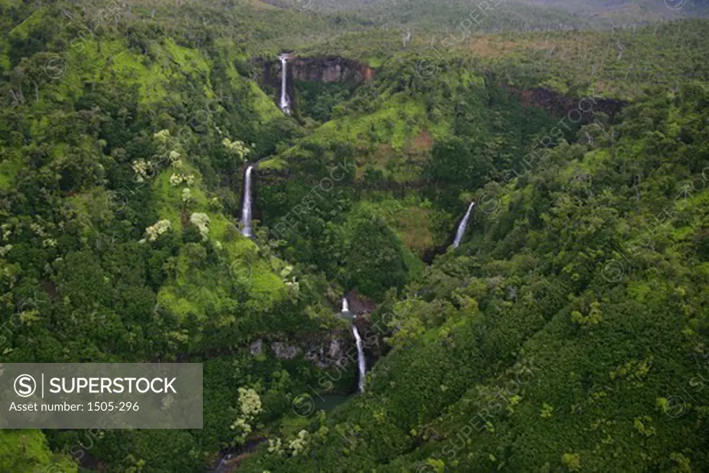 Aerial view of waterfalls, Hanapepe Valley, Kauai, Hawaii, USA