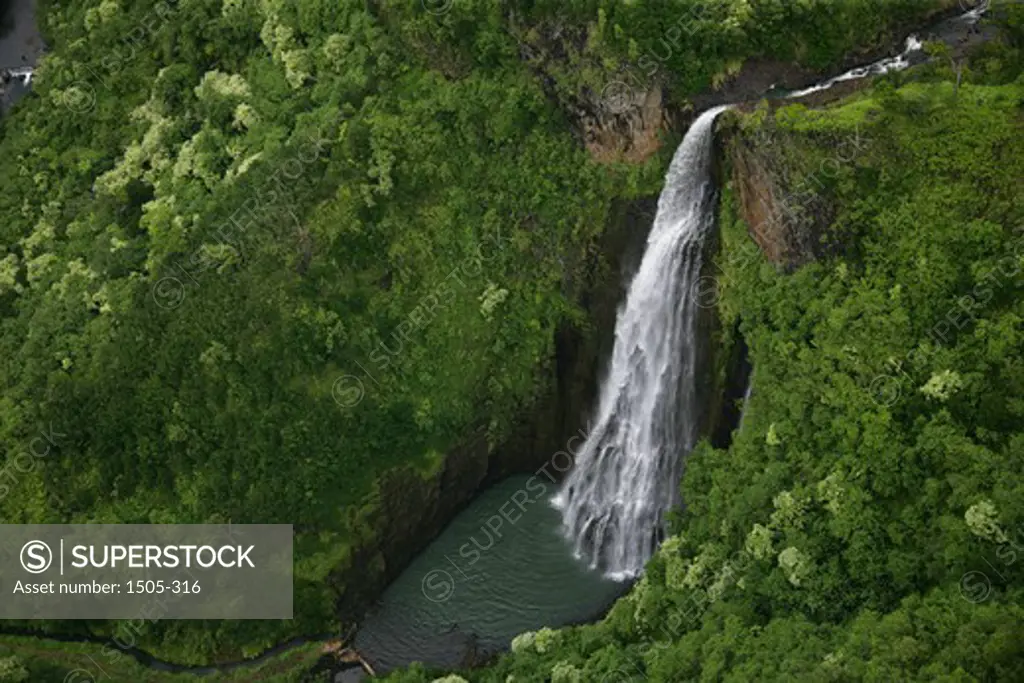 High angle view of a waterfall, Manawaiopuna Falls, Hanapepe Valley, Kauai, Hawaii, USA