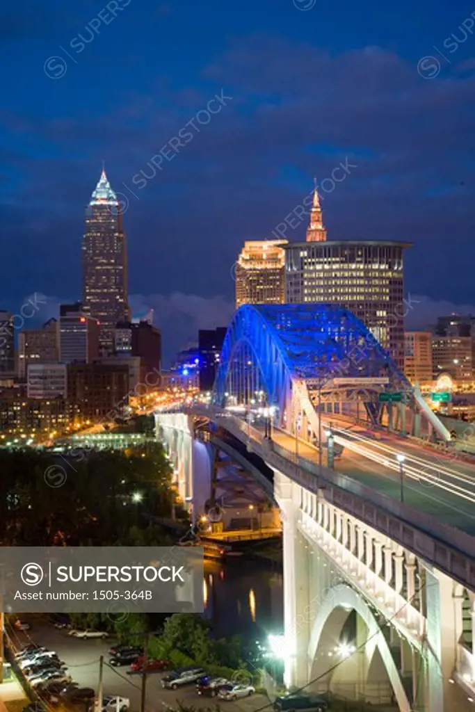 Bridge with city lit up at dusk, Veterans Memorial Bridge, Cleveland, Ohio, USA