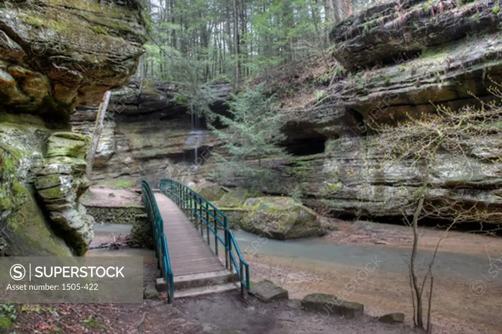 Footbridge near a waterfall, Old Man's Cave, Hocking Hills State Park, Logan, Hocking County, Ohio, USA