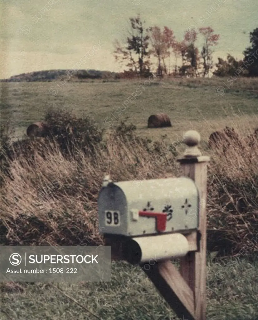 Close-up of a mailbox in a field
